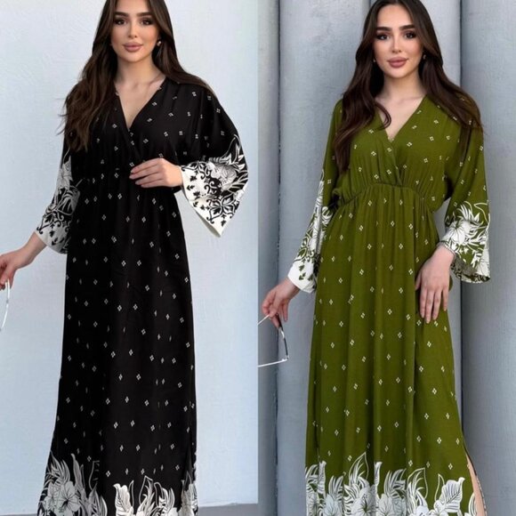 Women's Floral Maxi Dress Stylish Long Sleeve V-Neck Design - S, M, L, XL - Picture 3 of 3